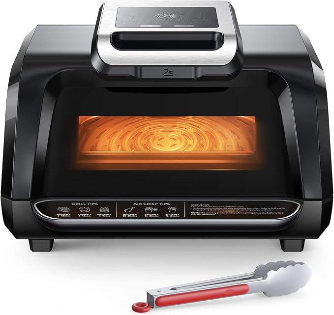 Indoor Grill Air Fryer Combo - 7-in-1 Smokeless Electric Air Grill with See-Through Window, Non-Stick Removable Plates, Even Heat, and Silicon Tongs - 4Qt, 1750W, Up to 450°F