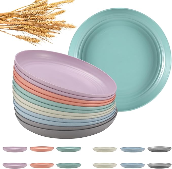 12 Pcs Unbreakable Deep Dinner Plates Set, 9 inch Reusable Plastic Wheat Straw Plates, Microwave and Dishwasher Safe Plate for Kitchen, Lightweight Plate for Dessert, BPA Free, 6 Colors
