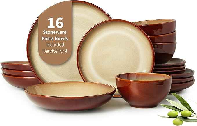 16 Piece Double Bowl Plates and Bowls Sets, Ceramic Dinnerware Sets with Pasta Bowls, Dishwasher & Microwave Safe Dish Set, Scratch Resistant Stoneware Plate Set, Service for 4 Brown Yellow