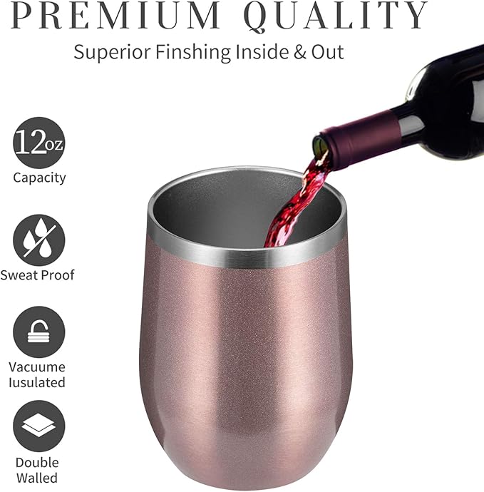 MEWAY Stemless 12 OZ Wine Tumbler Glasses with Lid -Insulated Double Wall Vacuum Stainless Steel Travel Tumbler with Straw,for Woman Under 10 dollars (Rose gold,1)