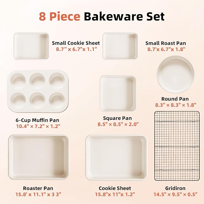 8-Piece Non-stick Baking Pans Set – Stackable Bakeware Set for Kitchen, Carbon Steel Baking Set with Cookie Sheet, Roasting Pan, Cake Pan, Muffin Pan, Cooling Rack, Baking Essentials Supplies