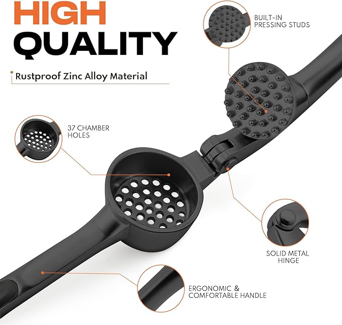 Kitchen Garlic Press, Rust Proof & Dishwasher Safe Garlic Mincer, Durable Garlic Crusher Set with Peeler＆Brush, Easy to Clean and Squeeze, Black