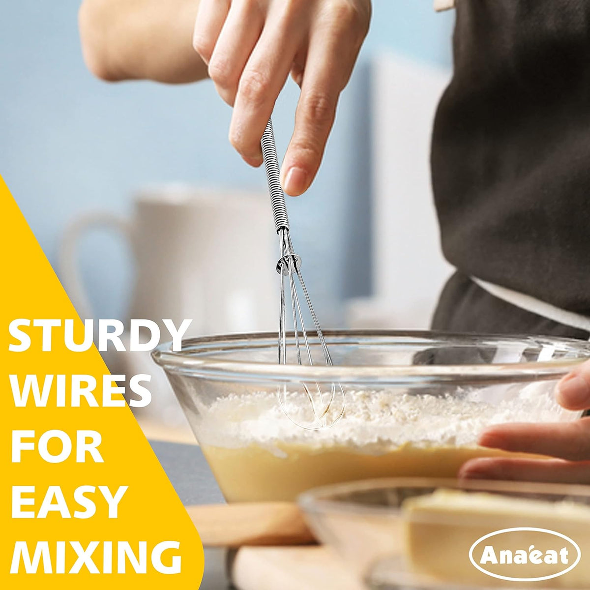 Anaeat Kitchen Whisk Set of 5, Perfect for Non-Stick Cookware, Egg Beater Milk Blender for Whisking, Cooking, Baking - 5"+7" Mini Wire Whisk and 8.5''+10.5''+12'' Silicone Balloon Whisks (Black)