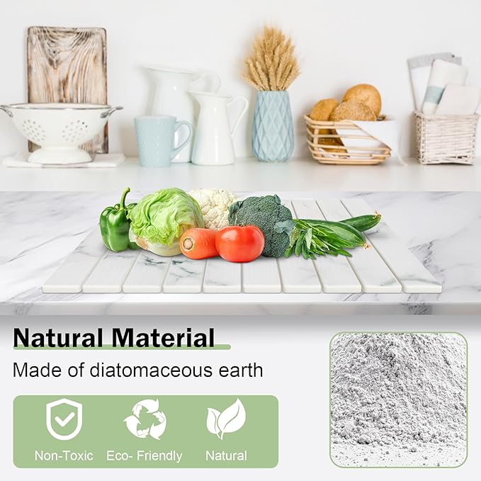 Stone Dish Drying Mat for Kitchen Counter,24"(L)×16"(W) Collapsible Fast-Drying Diatomaceous Earth Mats with Towel Sanding Tool,Versatile Stone Drying Mats for Cups Dishes Bottles