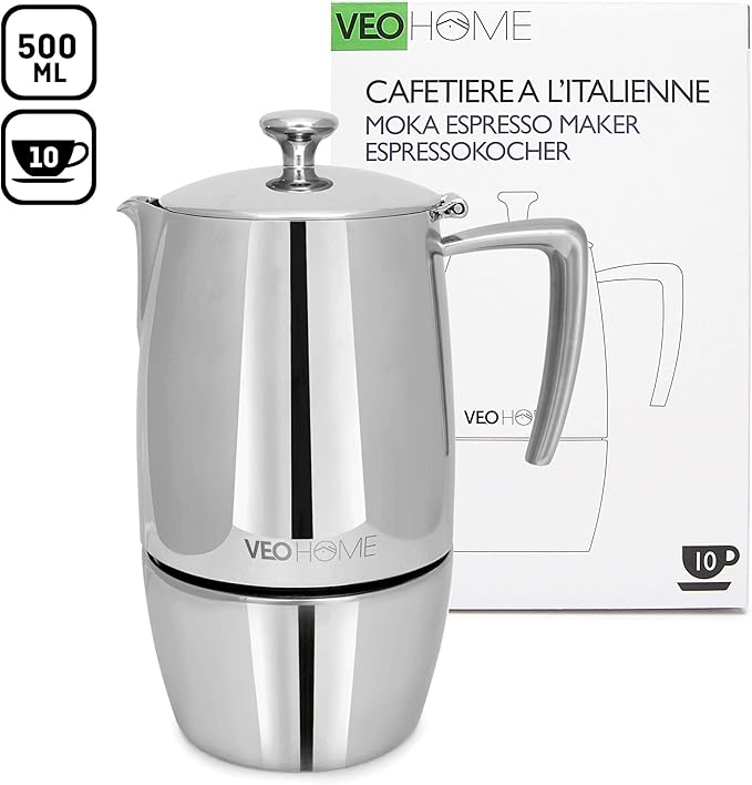 VeoHome Stovetop Espresso Coffee Maker - 10 Cups 500ml Multi-Stove Stainless Steel Induction Moka Pot - Unbreakable and Dishwasher-Safe Italian Style Caffe Machine