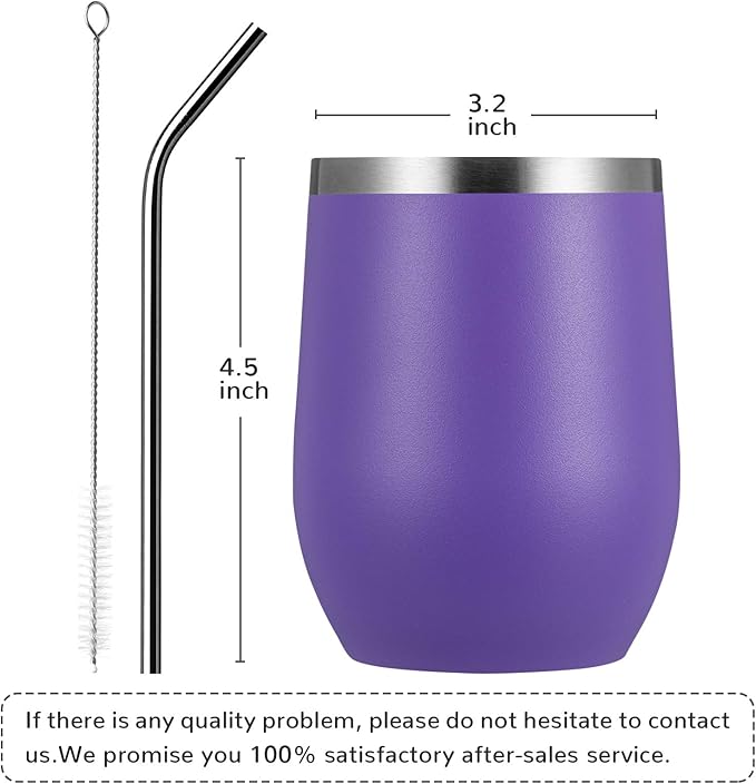 MEWAY 12oz/8 Pack Wine Tumbler Glasses with Lid - Stemless Double Wall Vacuum Stainless Steel Travel Tumbler - Keeping Cold & Hot for Wine,Coffee,Cocktails,Gifts (Purple,Set of 8)