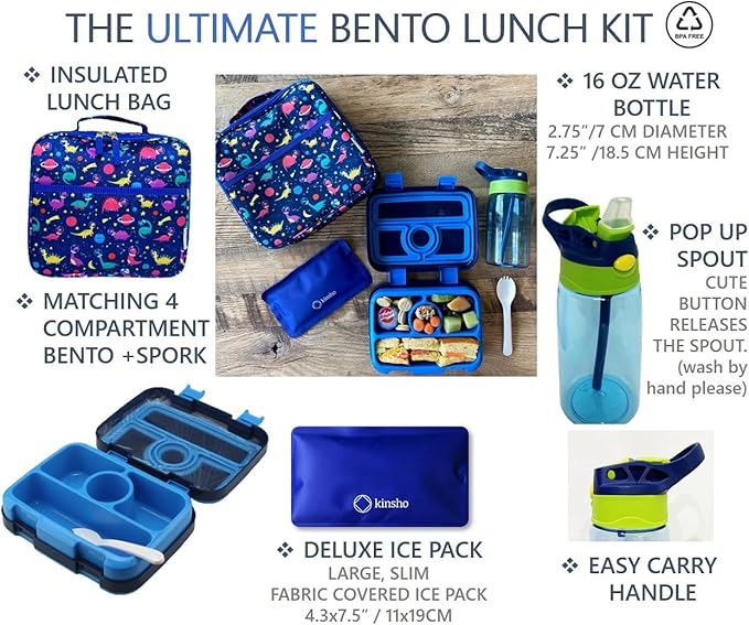 Bento Lunch Box with Bag, Water Bottle & Ice Pack Set for Kids Toddlers, 4 Portion Sections, Removable Tray, Pre-School Boy Toddler Daycare Lunches, Insulated Snack Container, Blue Space Dinosaur