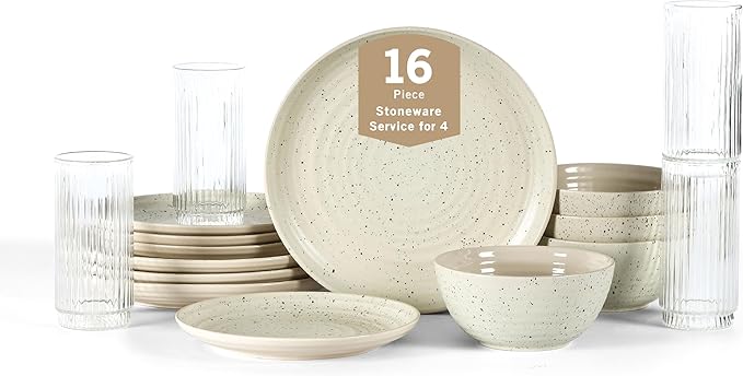 Stone Lain Dua 16-Piece Dinnerware Set Stoneware, Borosilicate Glass, White