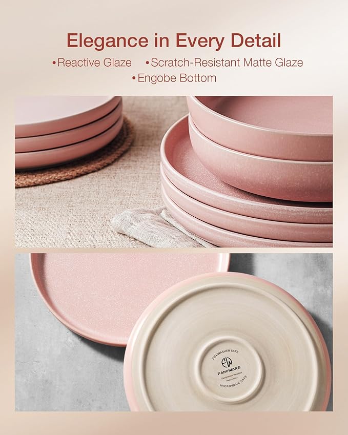 Famiware Milkyway Plates and Bowls Sets, 12 Pieces Dinnerware Sets, Reactive Glaze Dish Set, Stoneware Dishes Set for 4, Light Pink