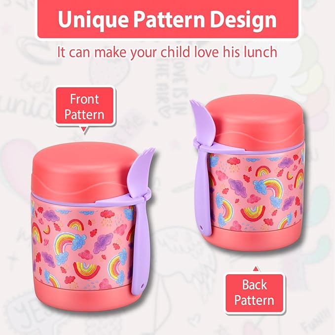 10oz Soup Thermo for Hot Food Kids,Lunch Thermo Kids Food Jar with Spoon Hot Insulated Food Containers,Leak Proof Stainless Steel Wide Mouth Lunch Thermo Jar for School(Pink-Rainbow)