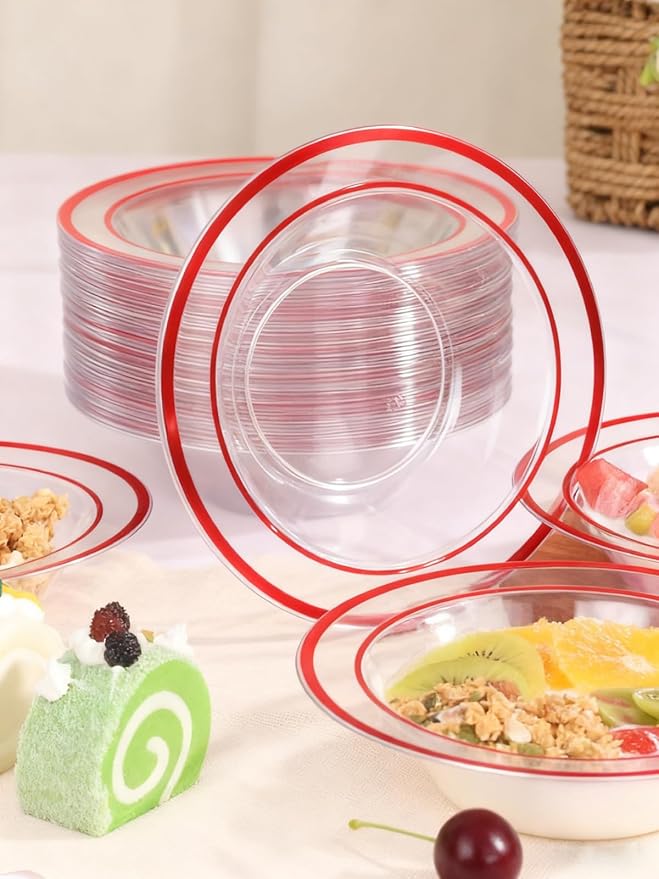 100 Pack clear Plastic Bowls with Red Rim, 12oz Disposable Soup Bowls, Heavy Duty Dessert Bowls for Christmas, Parties, Dinners, Catering, Thanksgiving
