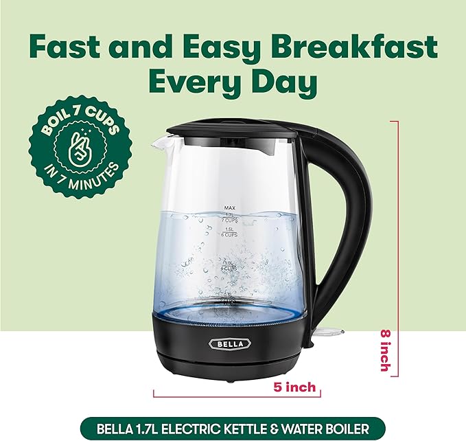 bella 1.7 Liter Glass Electric Kettle, Quickly Boil 7 Cups of Water in 6-7 Minutes, Soft Blue LED Lights Illuminate While Boiling, Cordless Portable Water Heater, Carefree Auto Shut-Off, Black