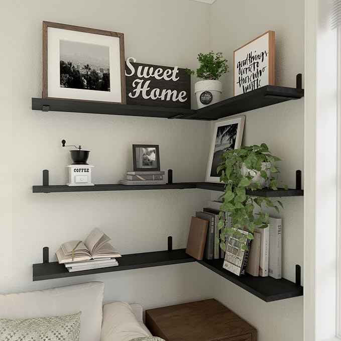 WOPITUES Wood Floating Shelves Set of 6, 24 inch Long Floating Shelves for Wall Decor, Farmhouse Shelf for Bedroom, Bathroom Storage Shelves, Book Shelves for Living Room - Black