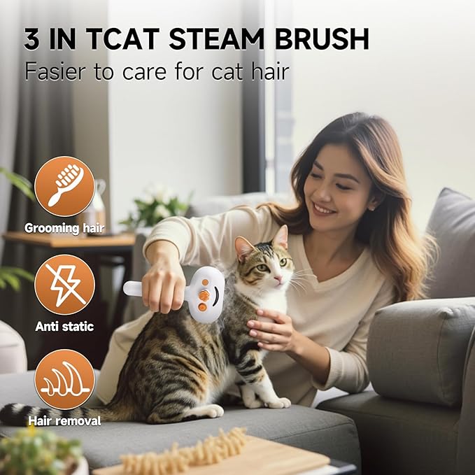 3-in-1 Pet Steam Brush Set for Dogs & Cats, Grooming Comb with Spray, Defur Tool, Water-Assisted Hair Removal, Gentle Cat & Dog Spritz Brush, Multi-Purpose Steam Grooming Kit