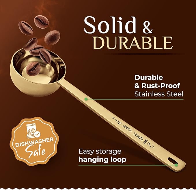 Orblue Premium Coffee Scoop Set - 1 Tbsp (15ml) & 2 Tbsp (30ml) Measuring Tablespoon - Stainless Steel Coffee Measuring Spoon and Scooper with Long Handles - Pack of 2 - Gold