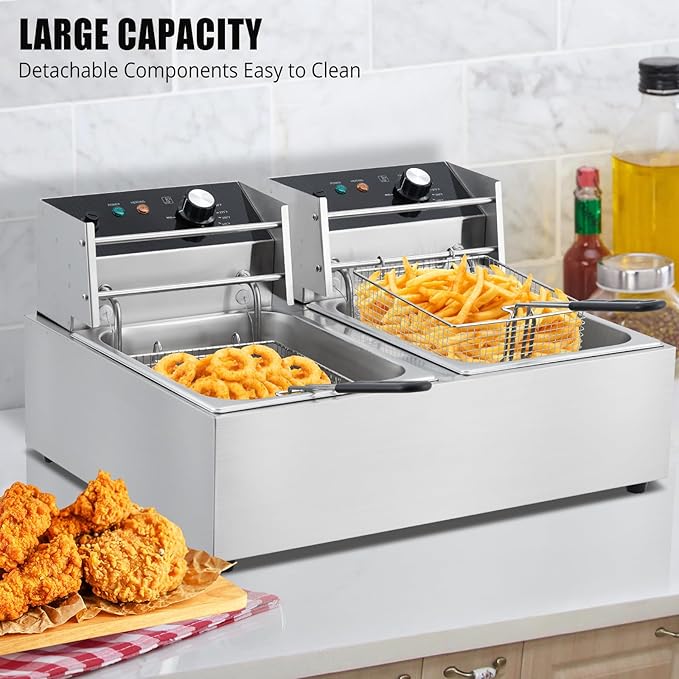 Commercial Electric Deep Fryer, 6L x 2 Dual Tank Stainless Steel Deep Fryer with Frying Basket & Lid, Countertop Fryer for Home Kitchen and Restaurant, 3600W, 110V