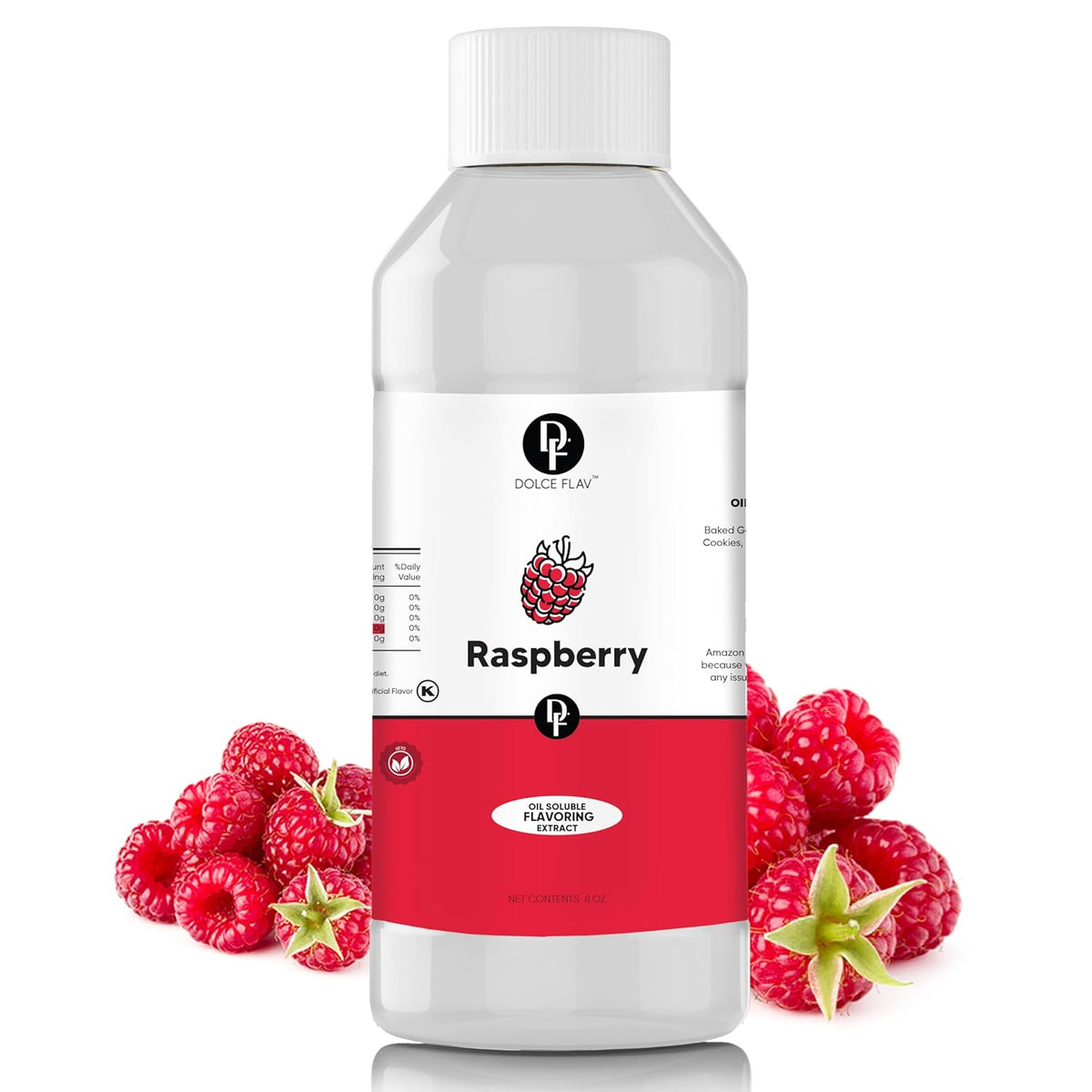 Dolce Flav Raspberry Extract (Oil-Soluble) 8 oz – Kosher, Sugar-Free, Concentrated Raspberry Flavoring for Chocolates, Candies & Baking, Includes Measured Dropper