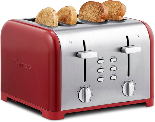 Kenmore Toaster 4 Slice - Extra Wide Slot Countertop Kitchen Appliance, Defrost Function, Grille-Pain, 9 Shade Settings, Compact Design, Easy Clean Crumb Tray, Bread Bagel, Stainless Steel & Red