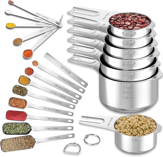 21 Pieces YUNNKEEY Measuring Cups and Spoons Set - Includes 7 Stainless Steel Measuring Cups, 8 Rectangular & 5 Mini Measuring Spoons with Leveler Fits Spice Jars, Ideal for Dry and Liquid Ingredients