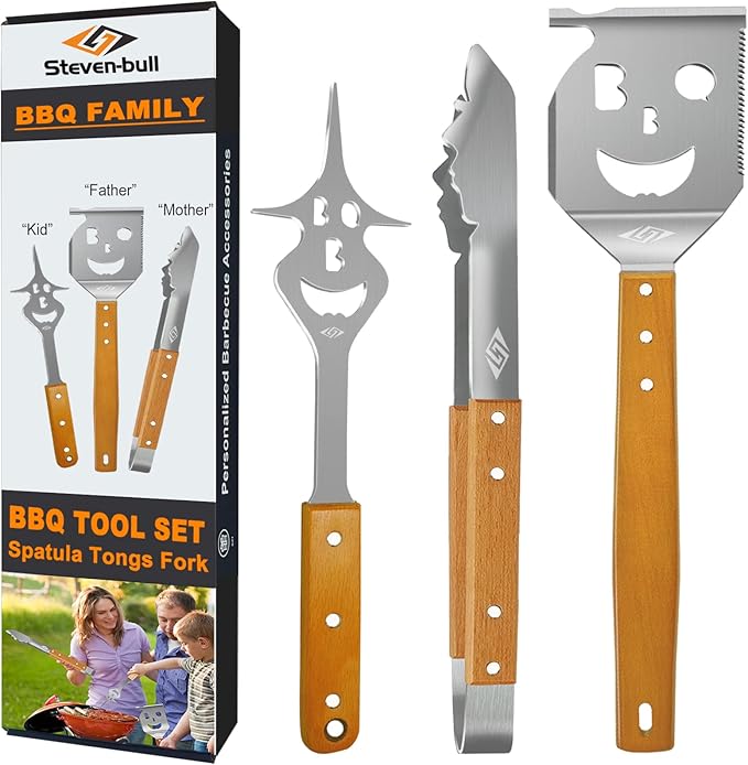 Heavy Duty BBQ Grill Tongs for Outdoor Grill，17 Inch Long Grill Tool, Metal Barbecue Utensil, Wooden Handle, Fun barbecue Tongs for Gas and Charcoal Grilling