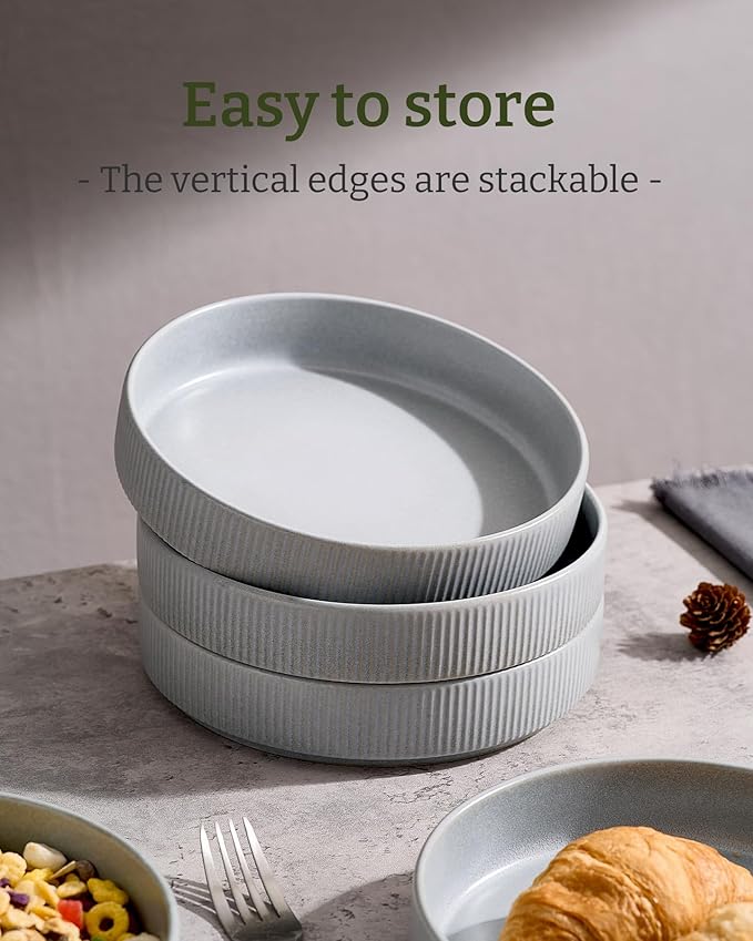 famiware Star 8.25" Pasta Bowls, Large Dinner Bowls Set of 4, Salad Bowl Plates, Shallow Bowls for Eating, Light Gray