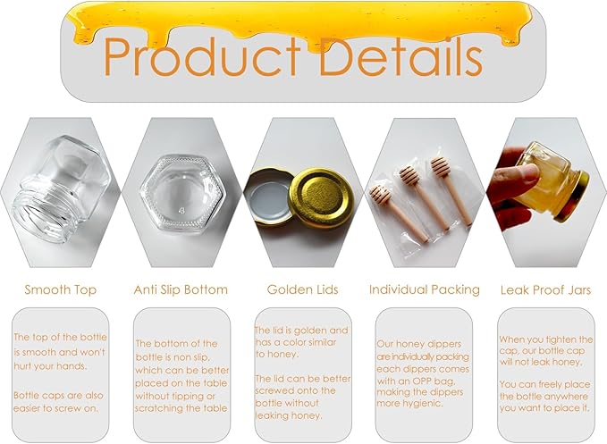 Adabocute Honey Pot, Mini Glass Honey Jars with Wood Dipper, Gold Lid, Bee Charms, Gold Organza Bags, Thank-you Tags, Ideal for Baby Showers Wedding Favors Party Favors, 2oz 30 Pack