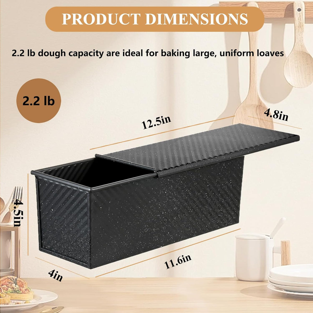 SS&CC Pullman Loaf Pan with Lid 13x4 | 2.2lb Carbon Steel Bread Pan for Homemade Sourdough & Sandwich Bread | Nonstick Bakeware, Heavy Duty & Easy Clean (Black, 2.2lb)