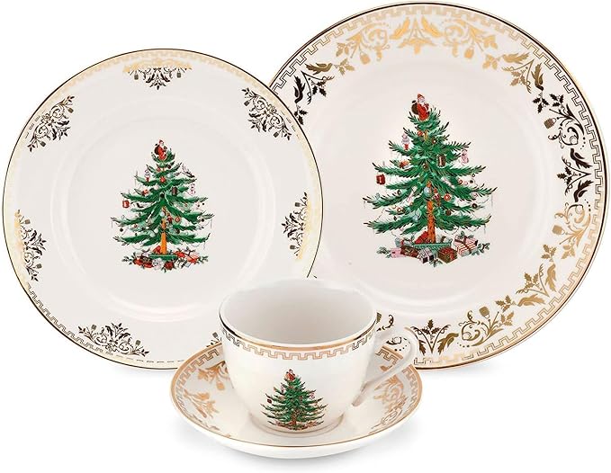 Spode Christmas Tree Gold 4-Piece Holiday Dinnerware Set - Fine Earthenware Tableware with 22K Gold Accents - Dinner Plate, Salad Plate, Teacup & Saucer - Festive Christmas Tableware, Dishwasher Safe