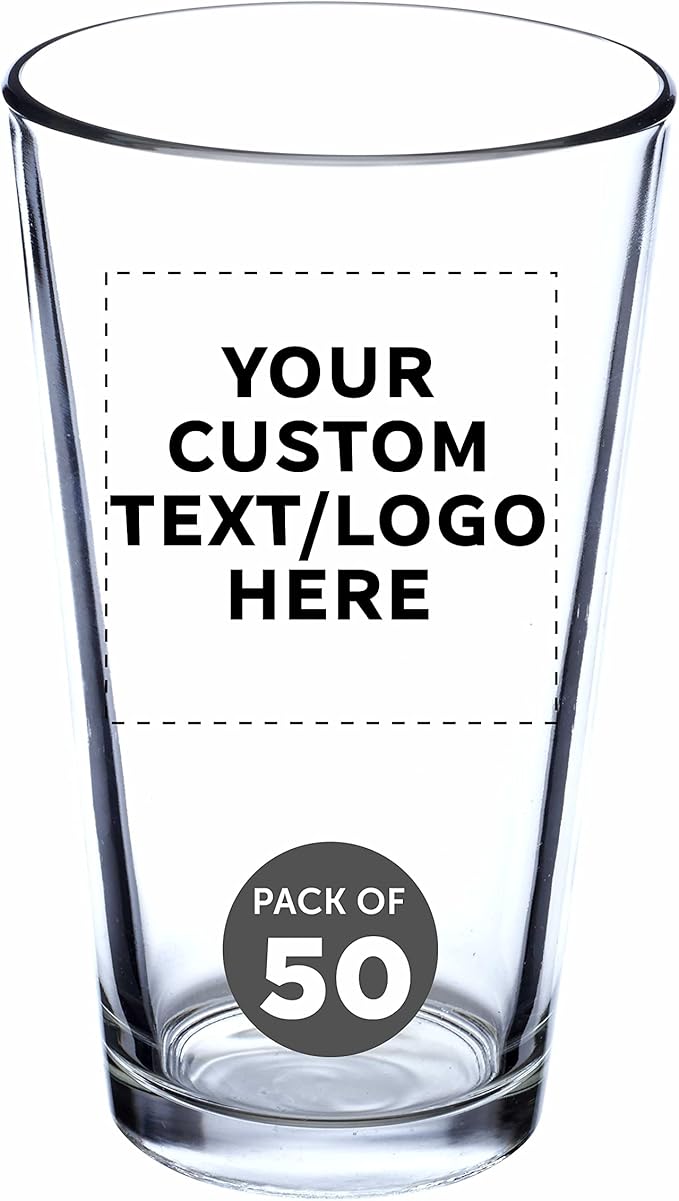 Custom Libbey Pint Glass 16 oz. Set of 50, Personalized Bulk Pack - Beer Glasses, Heavy Duty Drinkware - Clear