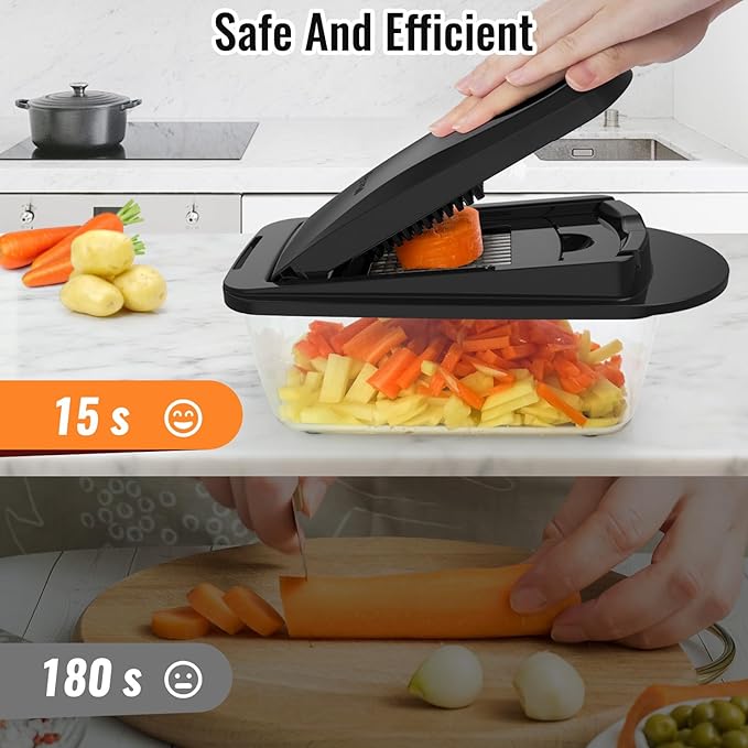 12 Blade All-in-1 Vegetable Chopper Mandoline Slicer with Container, Spiralizer with Containers, Food Chopper, Onion Chopper, Veggie Cutter for Salad, Kitchen Gadgets Accessories Essentials, Black