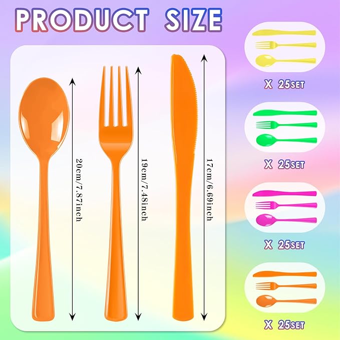 300 Pack Neon Party Disposable Plastic Silverware Heavy Duty, Plastic Cutlery Set, Forks and Spoons Knives Set for Birthday Party Prom Night, Weddings（Orange,Green, Hot Pink, Yellow Colors）