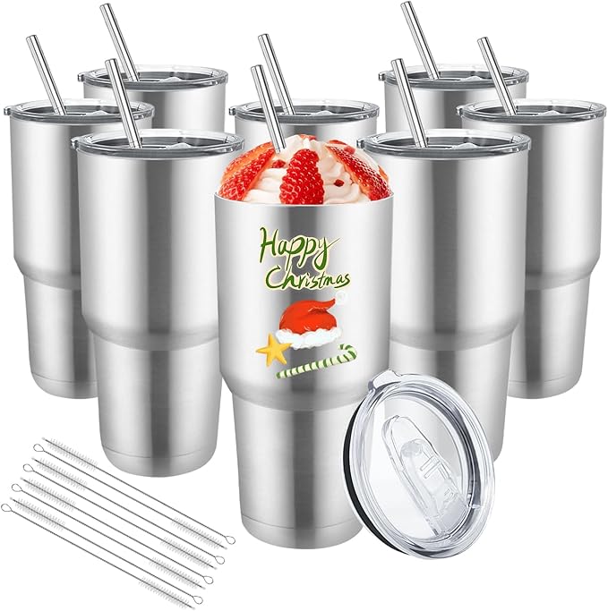 YOUKE OLA 8 Pack Stainless Steel Insulated Tumbler with Lids and Straws Bulk Double Wall Vacuum Insulated Coffee Travel Tumbler for DIY Gift (Silver, 30oz)