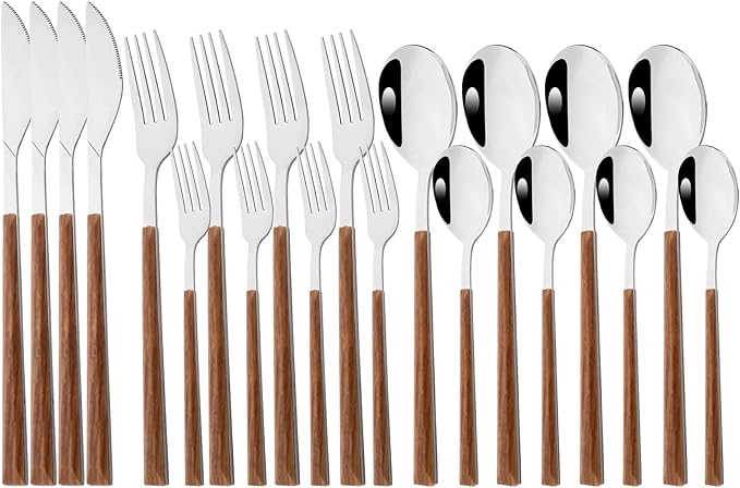 20 Piece (4 Set) Silver Stainless Steel Tableware With Wooden Handle, Wedding Cutlery And Daily Use, Silverware For Home Restaurant Party, Mirror Finished