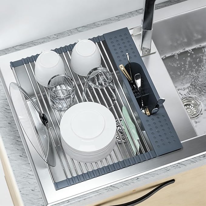LEMIKKLE 17" x 15" Roll Up Dish Drying Rack Over The Sink Dish Drying Rack,Multi-Purpose Kitchen Rolling Dish Drainer Foldable SUS304 Stainless Steel Dish Drying Rack