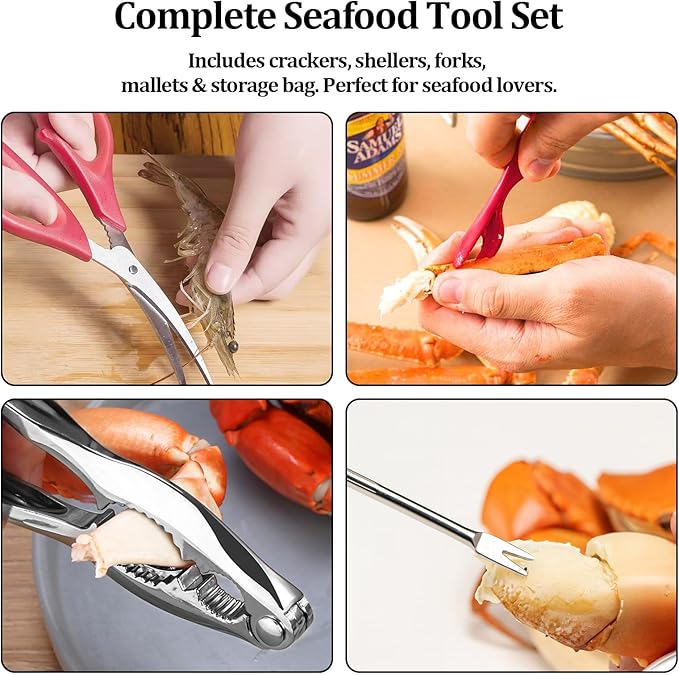 9 PCS Seafood Cracker Tool Set, Including 2 Lobster Sheller, 2 Stainless Steel Crab Crackers, 2 Crab Leg Fork, 2 Scissors and Storage Bag for Seafood Boil Party Supplies, Ideal Gift for Friends