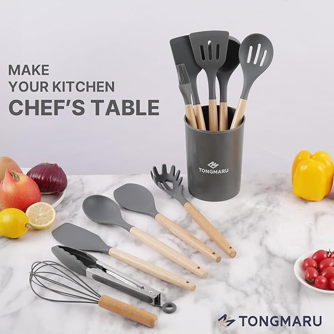 Silicone Cooking Utensils Set, Premium Beech Wood Handle Kitchen Gadgets Utensil Set, Non-Stick Kitchen Utensils Spatula, Tongs, Turner, Whisk, Brush, Spoon, BPA FREE, 446°F Resistant (Dark Gray)
