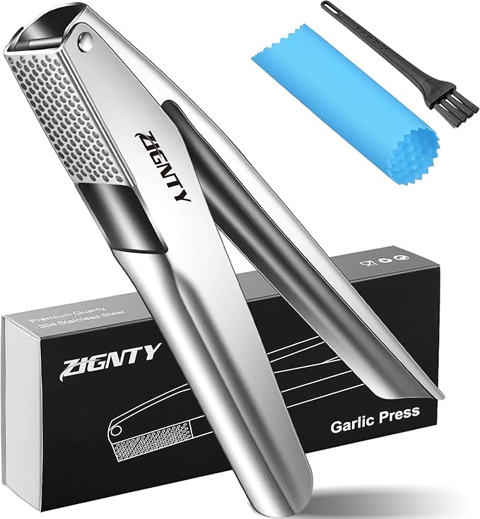 Garlic Press Stainless Steel，Professional Garlic Mincer Tool No Need to Peel，Dual Lever-Assisted Garlic Masher with Large Chamber，High Effective Garlic Crusher & Garlic Presser Dishwasher Safe