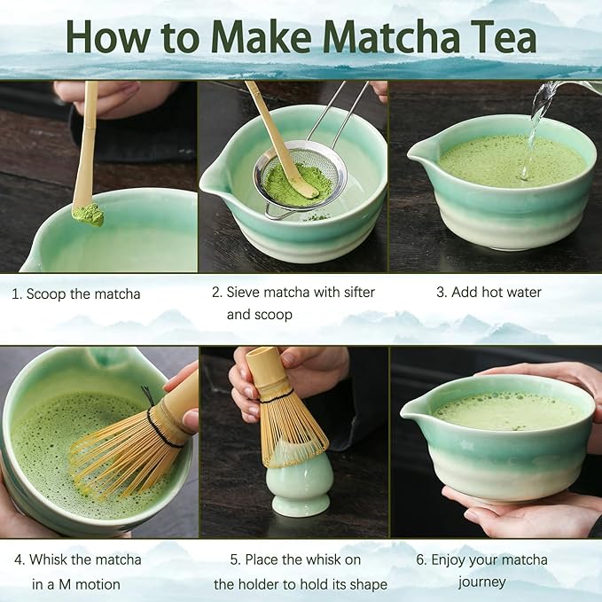 Japanese Matcha Set, Matcha Bowl with Spout, Matcha Whisk and Holder, Bamboo Matcha Scoop and Stainless Steel Sifter - 5 Pcs Gradient Green Matcha Kit for Matcha Lover