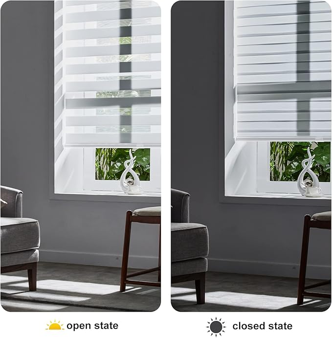 Persilux Zebra Blinds for Windows, Cordless Roller Shades for Windows Room Darkening Roller Blinds (44" W x 72" H, White) Light Control for Day and Night Light Filtering Sheer Shades for Home