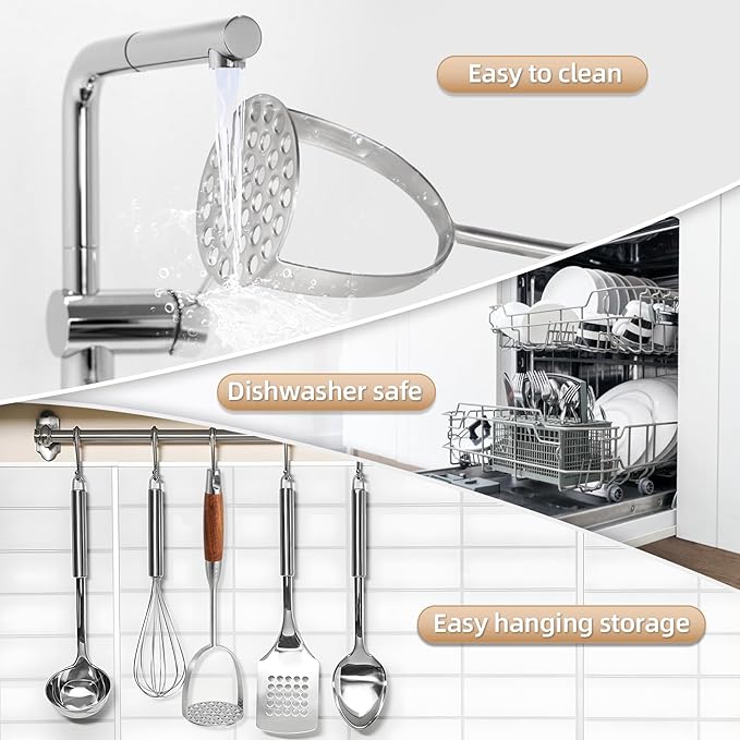 Potato Masher Stainless Steel, Manual Mashed Potato Masher,Wooden handle Potatoes Smasher Kitchen Tool for Avocado,Potatoes, Vegetables, 13.5Inch Long handle Large Heavy Duty Metal Mashing Utensil