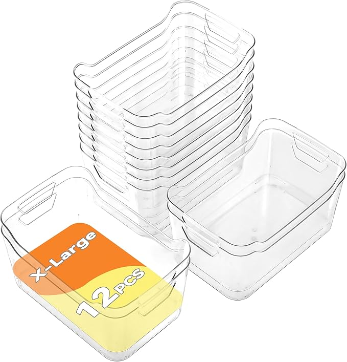 Clear Plastic Storage Bins - 12 Pack Pantry Organizers and Storage, Clear Pantry Organizer Bins, X-Large Plastic Containers with Handle for Kitchen,Freezer,Cabinet,Closet,Bathroom Under Sink