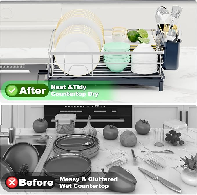Dish Drying Rack, Large Capacity Dish Drainers for Kitchen Counter with Removeable Cutlery Holder, Rustproof & Sturdy Auto-Drain Multifunctional Organizer for Plates,Cups,knife fork Storage Essentials