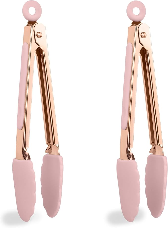 COOK WITH COLOR Stainless Steel Silicone Tipped Kitchen & BBQ Tongs Set, 2 Pc Mini Tongs, Pink