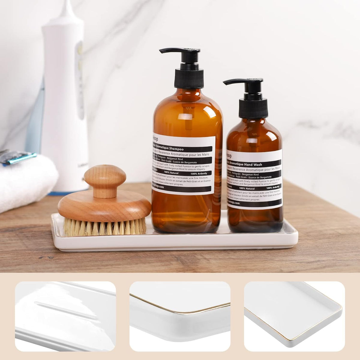 Gurygo 10" Bathroom Tray, Ceramic Vanity Trays for Bathroom, Small Ceramic Tray, Kitchen Soap Trays for Kitchen Counter (White with Gold-Edged, 10",Set/1)