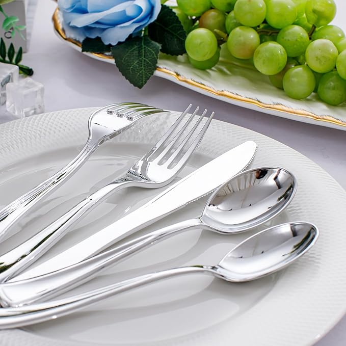 WDF 500PCS Silver Plastic Silverware - Plastic Silver Utensils - 250 Forks, 125 Spoons, 125 Knives, Heavy Duty Disposable Silverware Sets for Parties, Wedding, Christmas