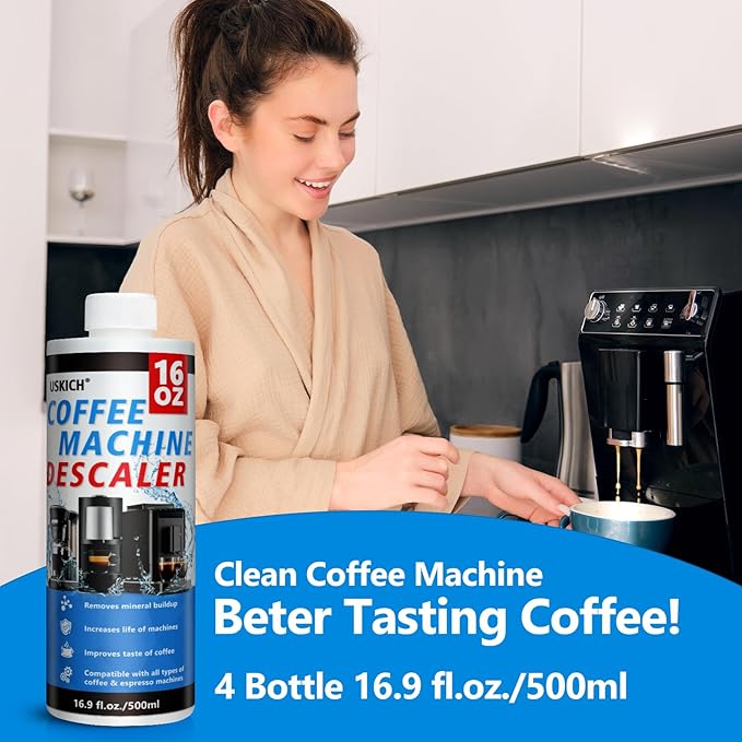 4 Pack Coffee Machine Descaler Cleaner -16 Uses,Descaling Solution for Nespresso Breville Keurig Jura &Delonghi - Coffee Machine Cleaners For All Coffee Makers & Espresso Machines,Glass Pot Cleaner