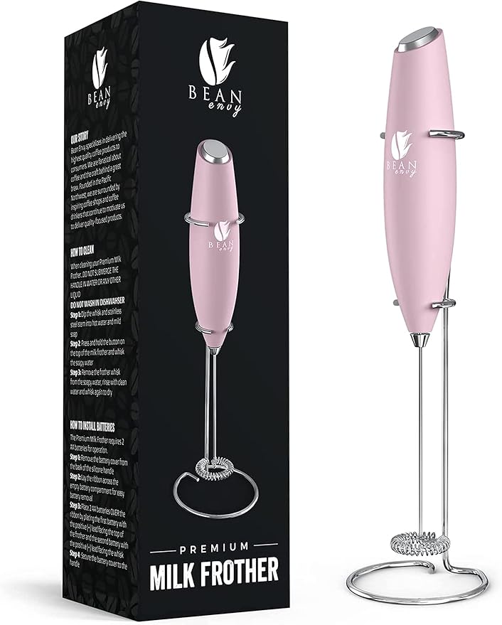 Bean Envy Milk Frother, Coffee Stirrers, Frother Wand, Milk Frother Handheld, Frother with stand, Hand Blender for Coffee, Lattes, Cappuccino, Matcha and Hot Chocolate – Kitchen Gifts - Pink