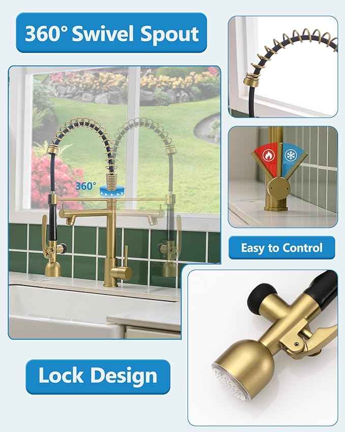 Fapully Single Handle High Arc Brushed Gold Pull Down Kitchen Faucet LED,Single Level Kitchen Sink Faucets with Pull Down Sprayer