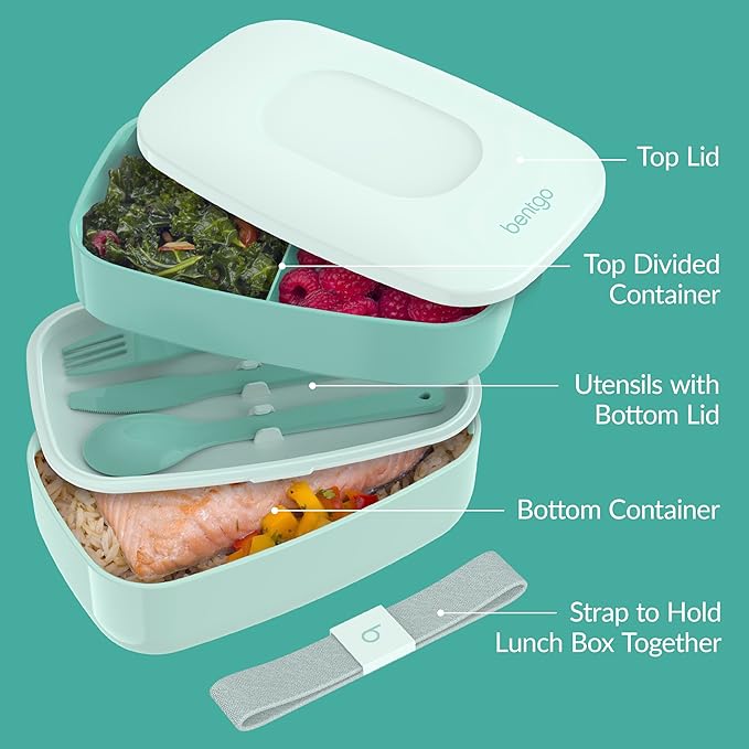 Bentgo Classic - Adult Bento Box, Stackable 3-Compartment Lunch Box with Removable Utensil Set and Sealing Strap, BPA-Free, Food Container Ideal for Meal Prep, Work, and On the Go (Coastal Aqua)