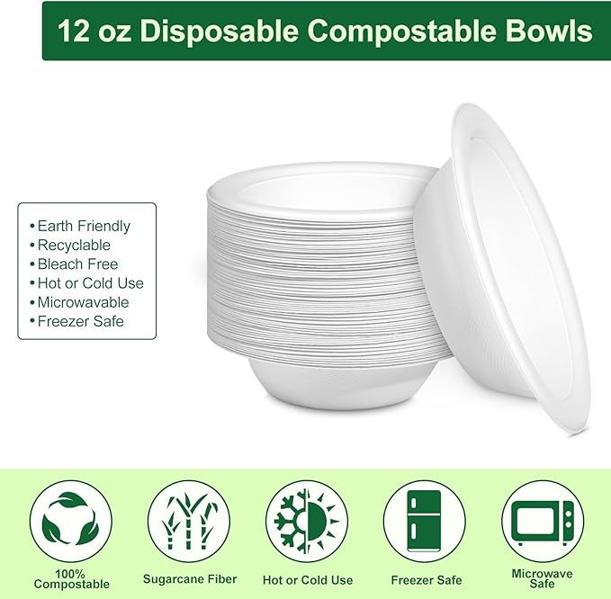 Paper Bowls 12oz, Disposable Bowls Heavy Duty, 250-Pack 100% Compostable Disposable Soup Bowl, Biodegradable Bagasse Hot Food Plates and Bowls -White